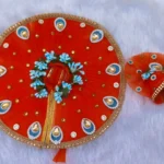 Designer Orange Laddu Gopal Dress Net Poshak with Teal Kundan & Floral Work